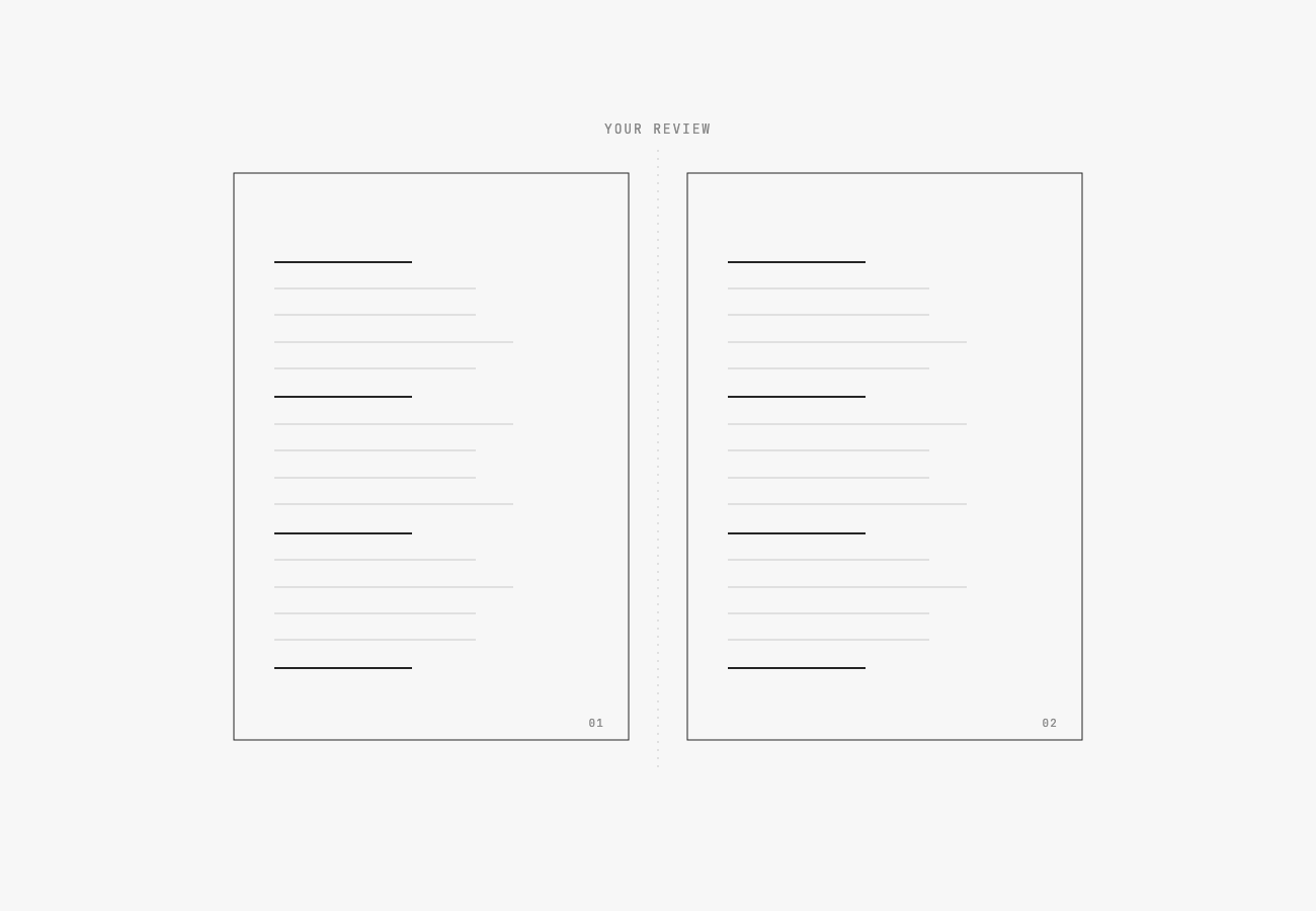A two-page spread of a review, its headings and text suggested as fine rules.